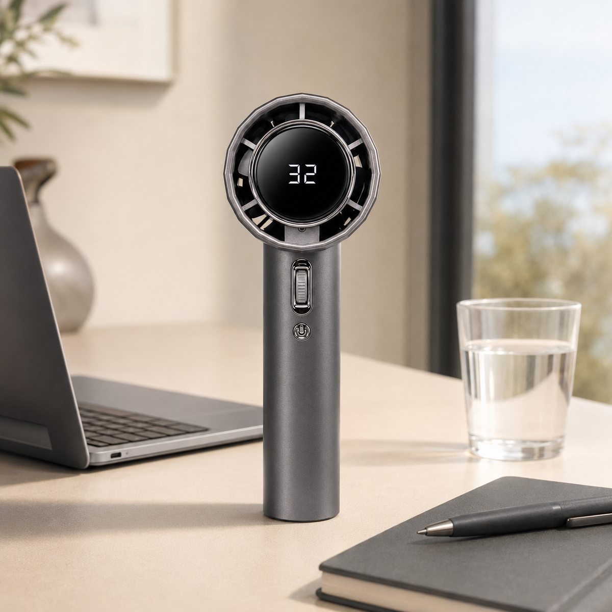 Graphite PalmGust fan on a bright work desk