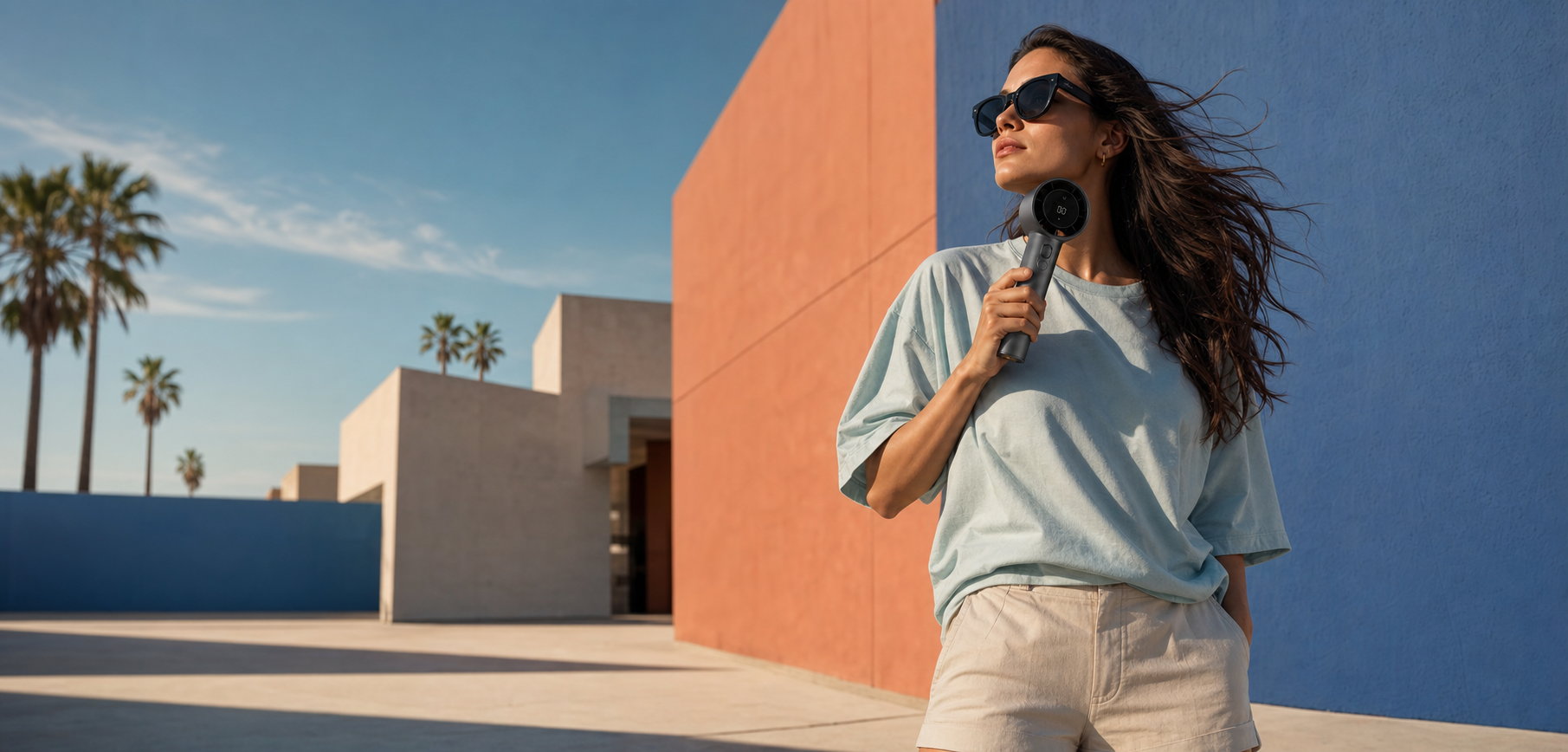 Woman wearing sunglasses using a PalmGust handheld fan in a sunlit design district