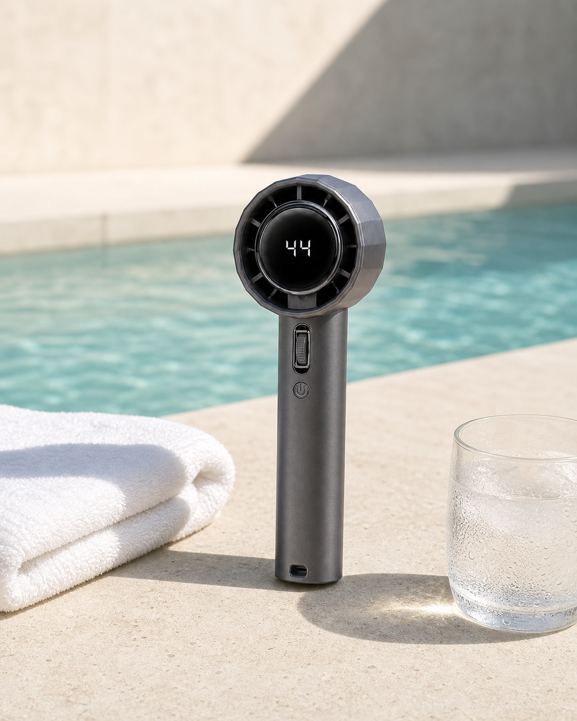 Graphite PalmGust fan beside a towel and cold water by the pool