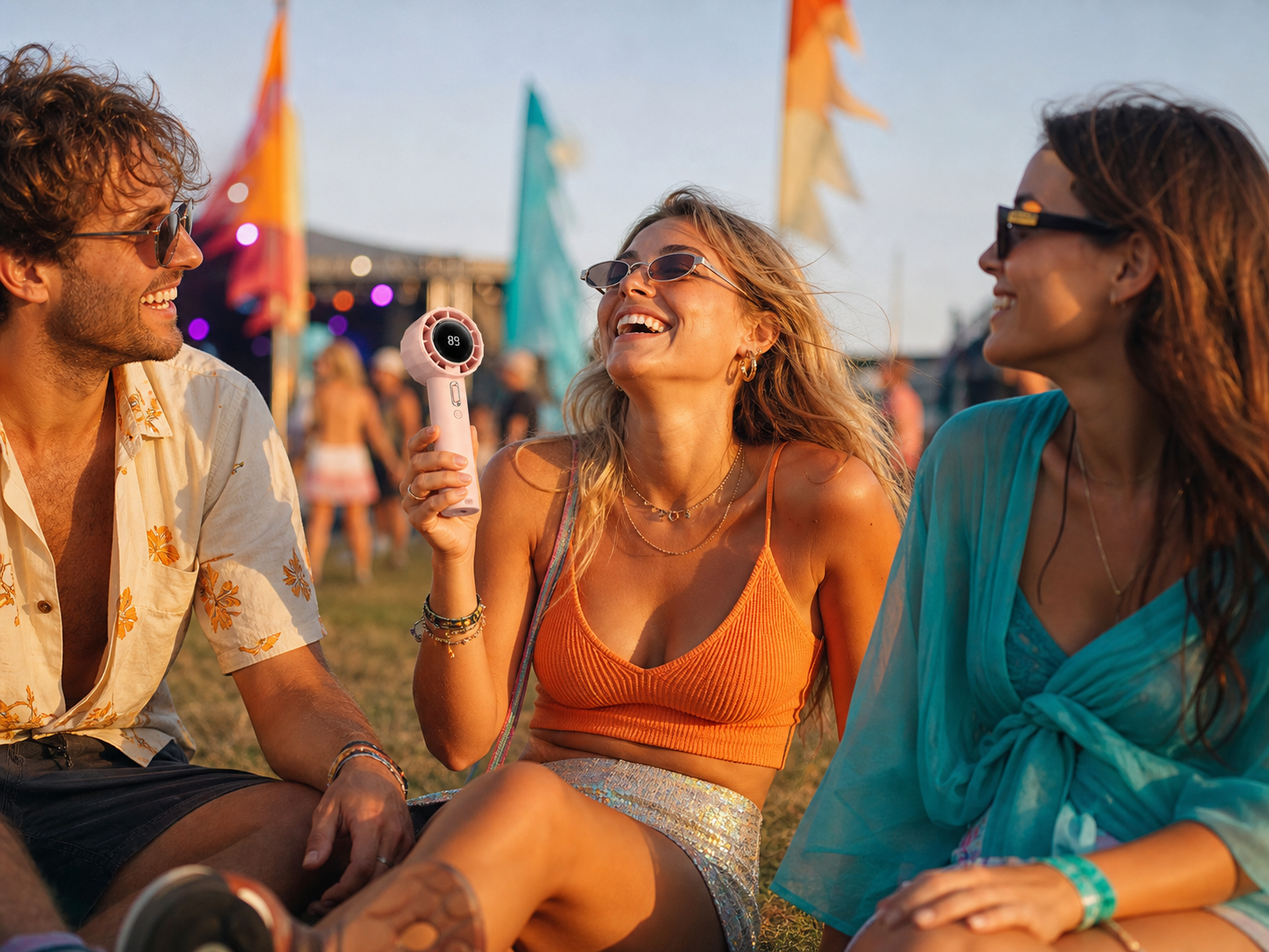 Friends enjoying a PalmGust handheld fan at an outdoor festival